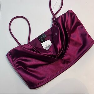Burgundy satin crop top, ruching at the front